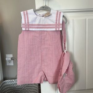 TBBC striped red & white Jon Jon shortall with matching hat NWOT
